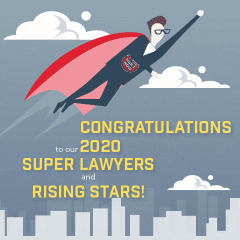 Illustration of a superhero with a red cape flying above a city skyline, with text: Congratulations to our 2020 Super Lawyers and Rising Stars!.
