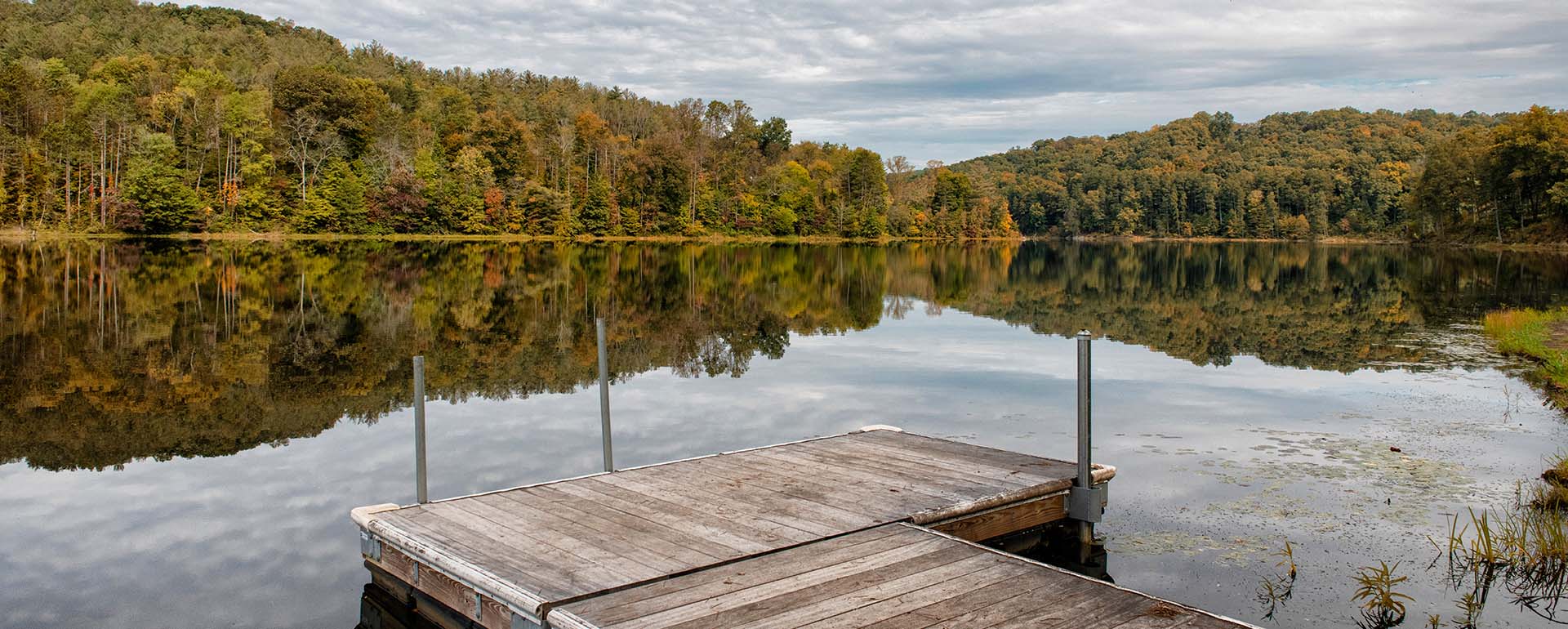 A wooden dock extends into a calm lake surrounded by dense, green and orange trees, with reflections of the trees and cloudy sky visible on the water’s surface.