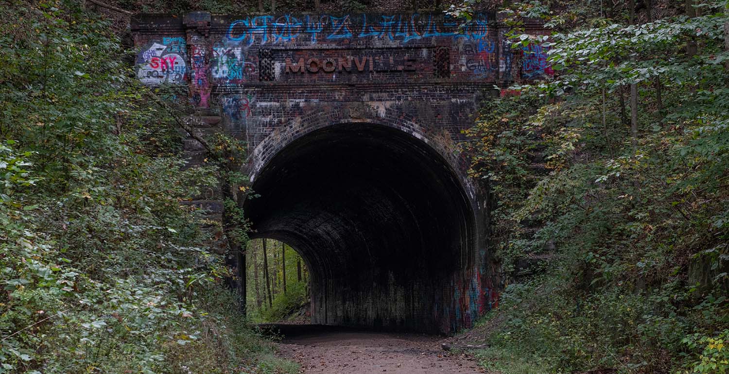 Graffitied brick tunnel in a forrest