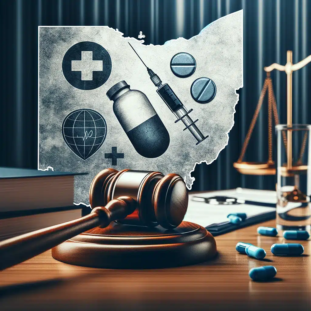 A gavel rests in front of a cutout of Ohio featuring medical symbols, pills, a syringe, and a vial, with law books and scales of justice nearby, representing healthcare law in Ohio.