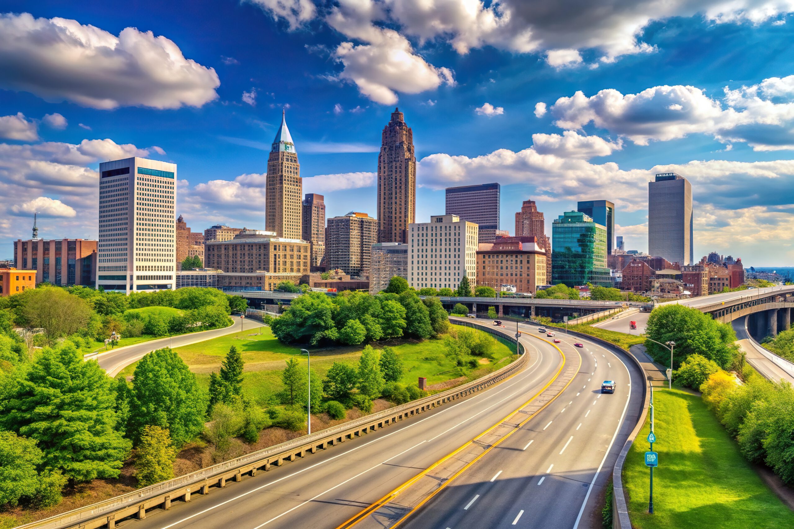 A sunny day in Ohio with cars driving on a highway curving toward a city skyline with tall buildings, lush green trees, and a blue sky filled with white clouds.