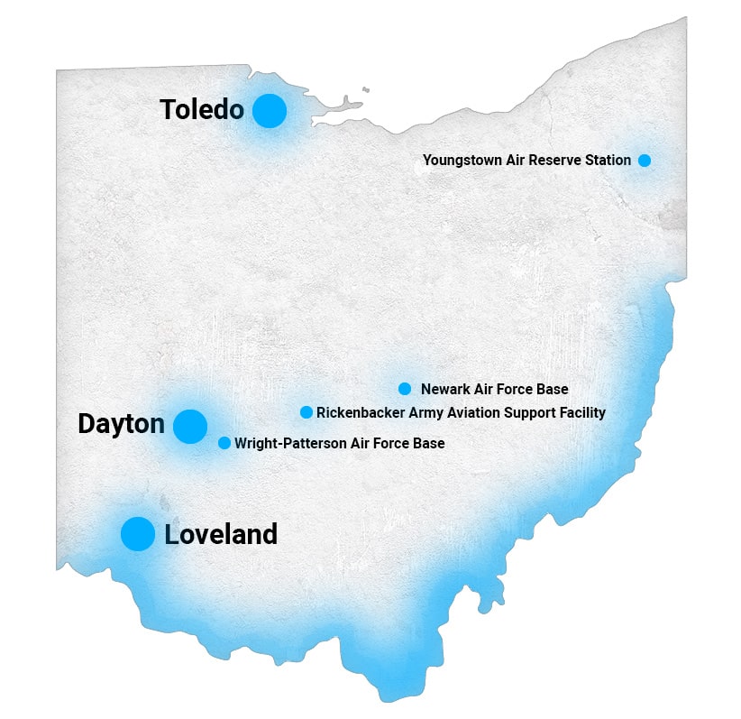 Map showing locations affected by contaminated water in the state of Ohio