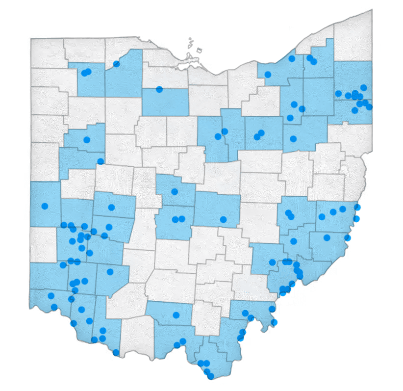 A map of Ohio highlighting the affected counties in blue. The rest of the state is gray.