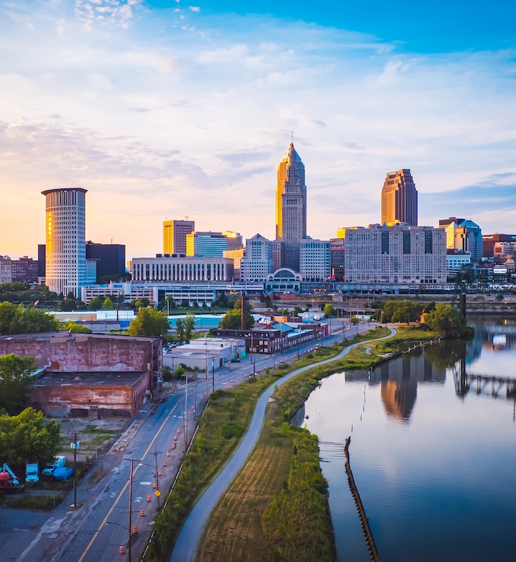 Sunset behind the skyline in Cleveland, Ohio