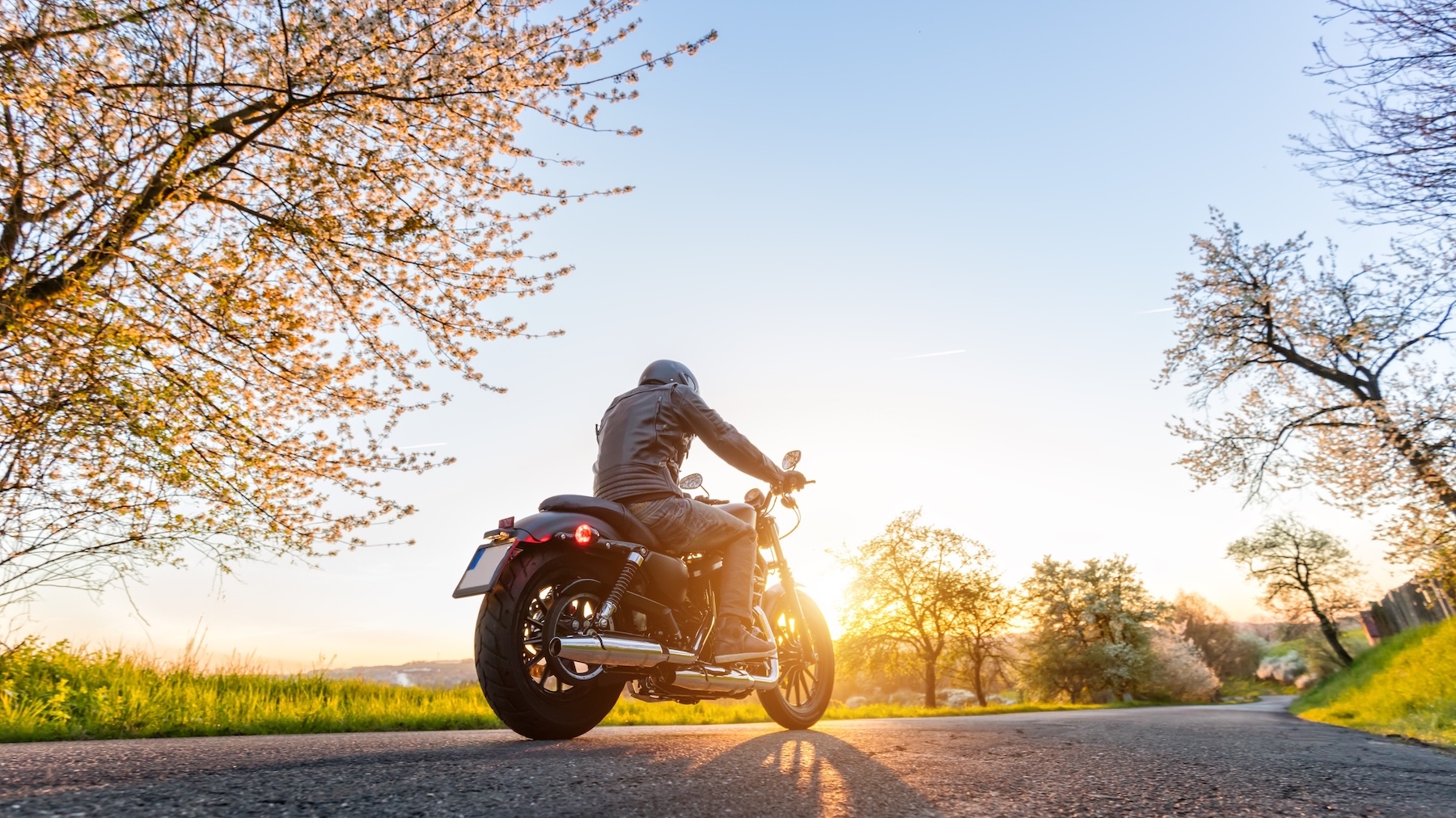 Una persona con casco conduce una moto por una carretera rural al atardecer, rodeada de hierba verde y árboles en flor bajo un cielo despejado.