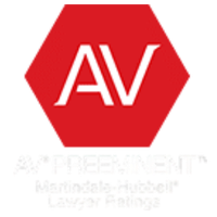 Red hexagon with large white letters AV in the center. Faint white text underneath reads PREEMINENT, but the smaller text below is blurry and difficult to read.
