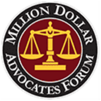 Circular logo with a gold scale of justice in the center on a red background. The outer black ring contains the words Million Dollar Advocates Forum in white, all capital letters.