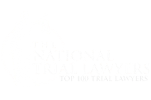 White logo of The National Trial Lawyers, featuring a standing figure holding scales, with the text The National Trial Lawyers and Top 100 Trial Lawyers below.