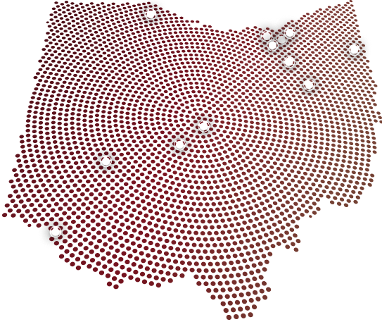 A stylized map of Ohio made up of small red dots with several white baseballs marking various locations across the state.