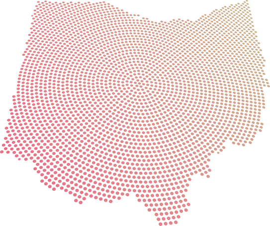 A stylized map of Ohio is filled with evenly spaced, concentric pink and orange dots on a white background, creating a gradient and abstract effect.