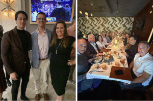 Split image: On the left, three people pose and smile indoors near a TV showing a sports game. On the right, a group of people sit around a long dining table set for a meal in a restaurant.