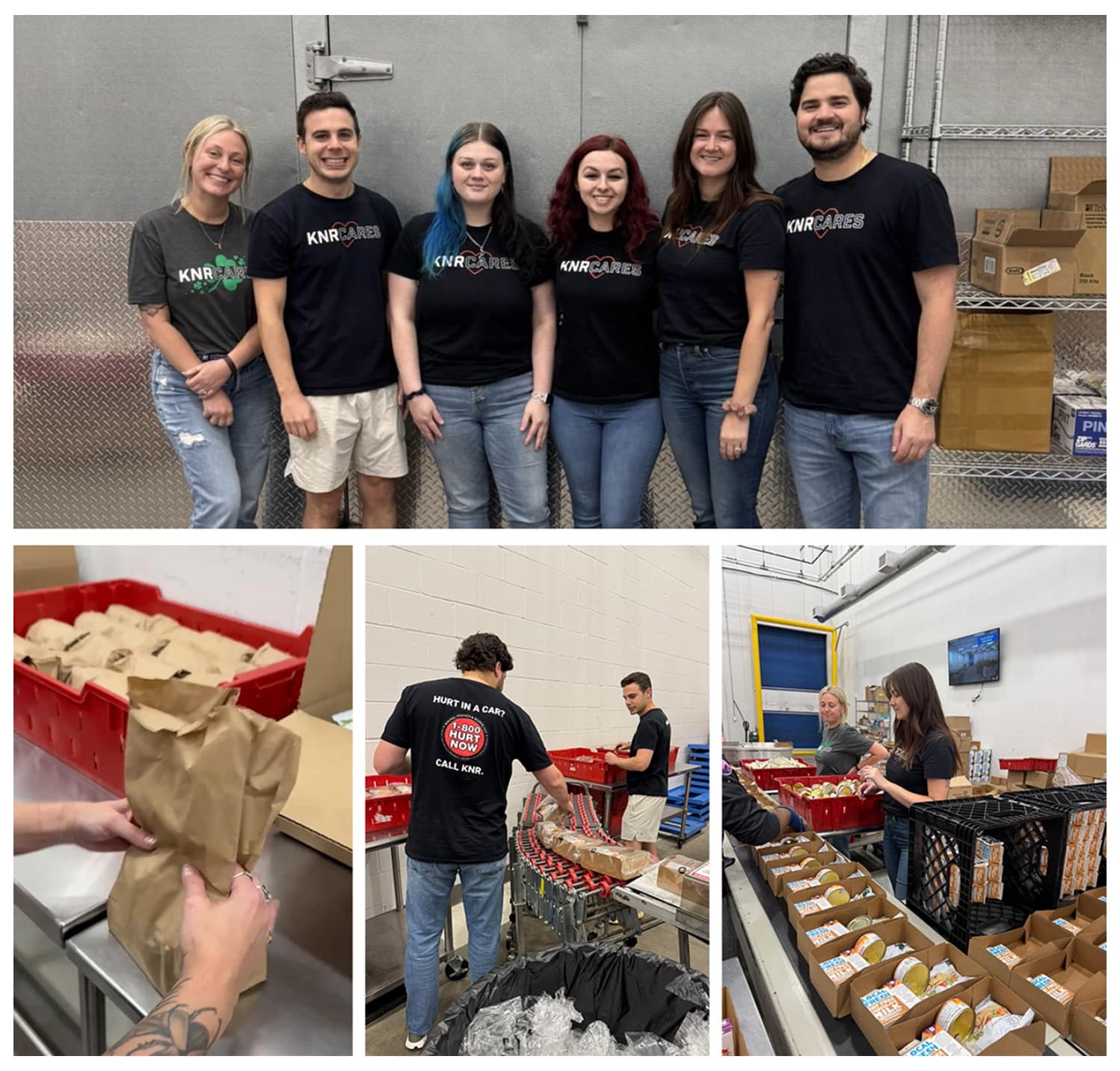 A group of six people in matching KNW Cares shirts pose together; below, they are packing food into paper bags, sorting items, and assembling care packages in a warehouse setting.